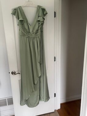 Azazie Sage Green Ruffled V-Neck High-Low Dress